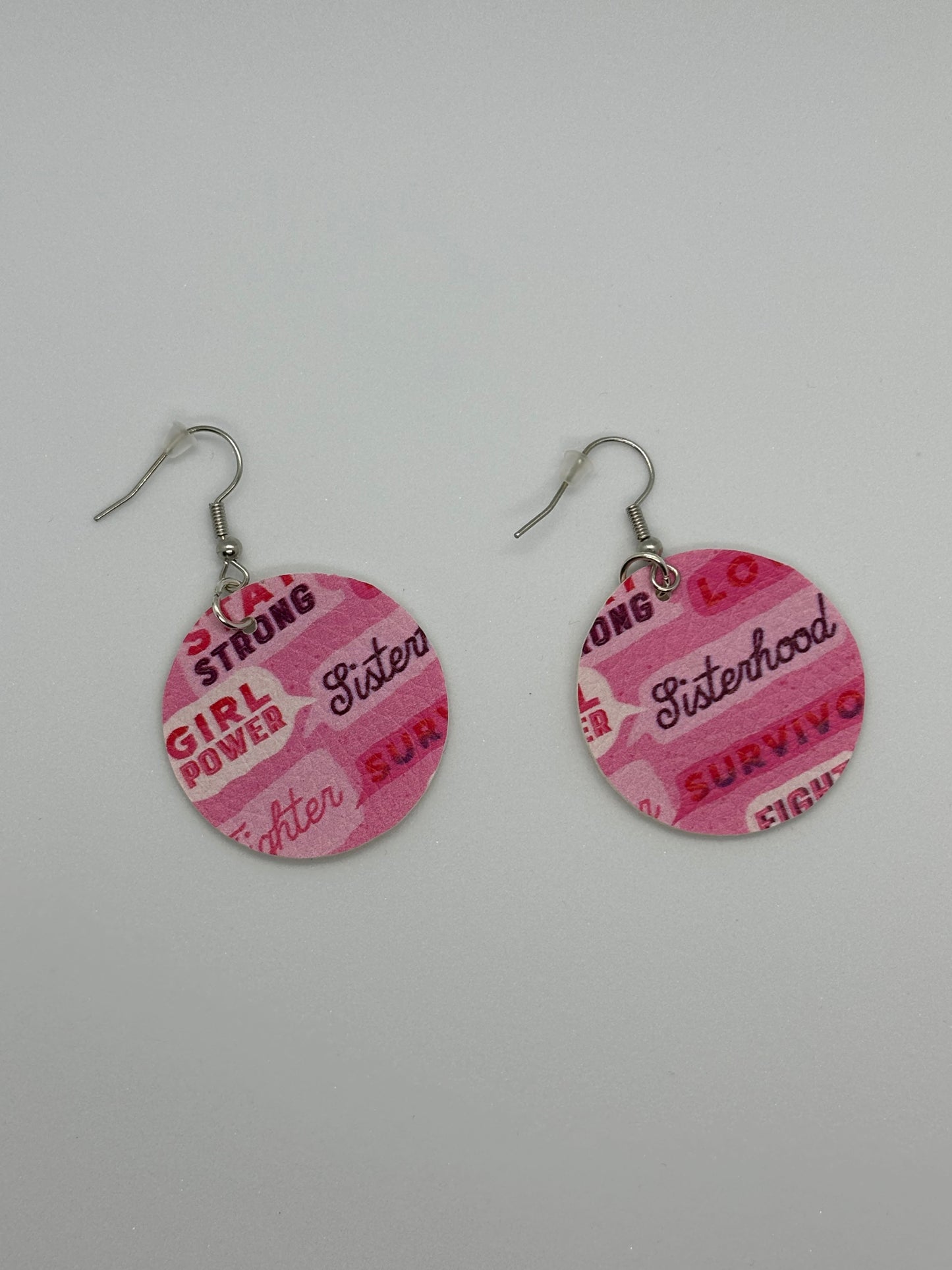 Round Breast Cancer Faux Leather Earrings