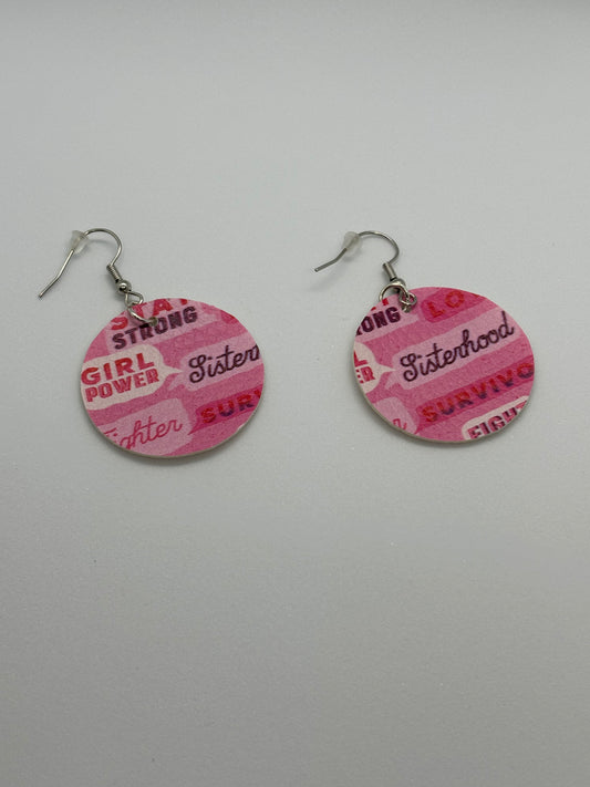 Round Breast Cancer Faux Leather Earrings