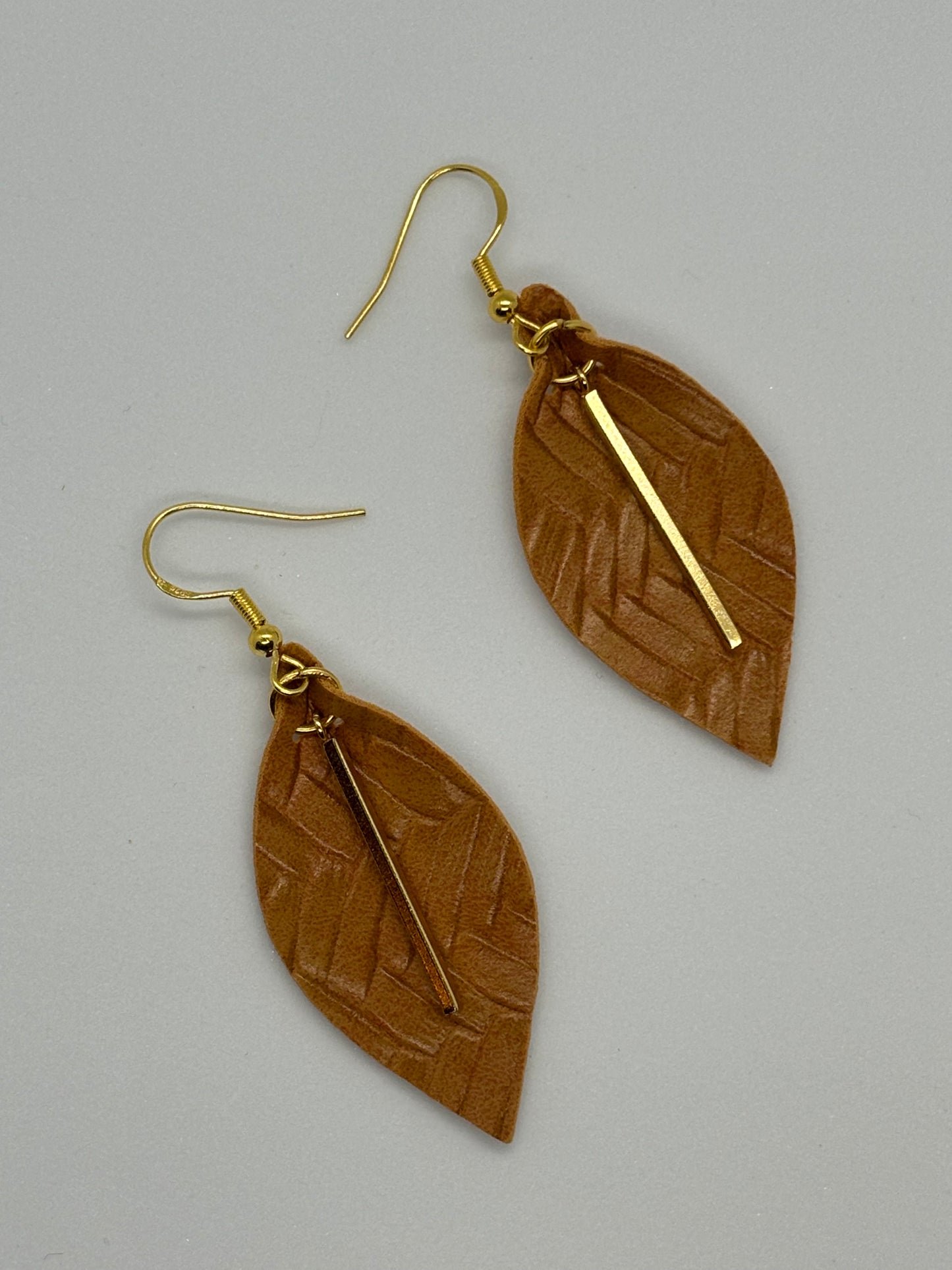 Leaf Faux Leather With Gold Colored Bar Earrings